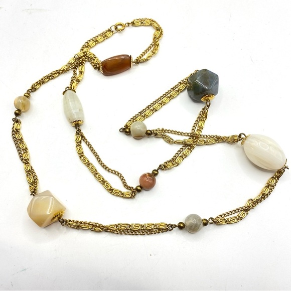 Vintage Gold Tone Chain With Natural Stone Beads Long Necklace - Picture 3 of 9